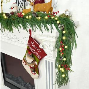 6.56FT Christmas Norfolk Pine Garland 40LED Bright Ball Lights with Red Berries Snowy Pincones Real Touch Green Pine Garlands for Mantle Table Stairs Fireplace Indoor Outdoor Home Christmas Decoration