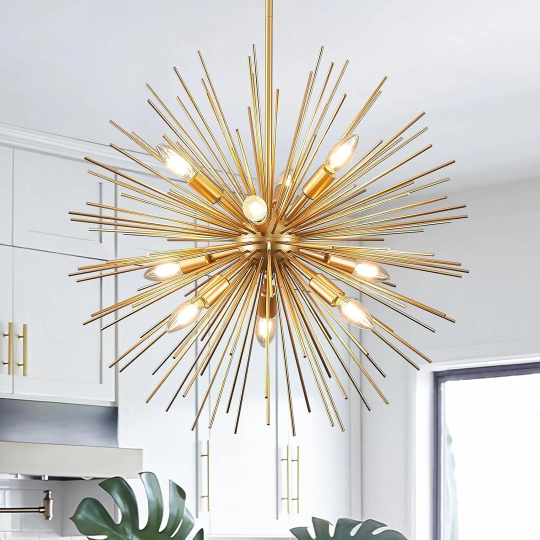 24in Gold Sputnik Chandelier 9-Light Starburst Chandelier Light Fixture Solid Metal Mid-Century Modern Satellite Light Fixture for Dining Room Bedroom Bathroom Entryway Kitchen Island