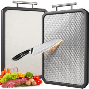 Stainless Steel Cutting Board with Durable Anti-scratch Grid Design, Large 1612 Double Sided Non Toxic Chopping Board for Kitchen, Dishwasher Safe, Non-slip Edge, Garlic Grinding Area (16"L x 12"W, Black)