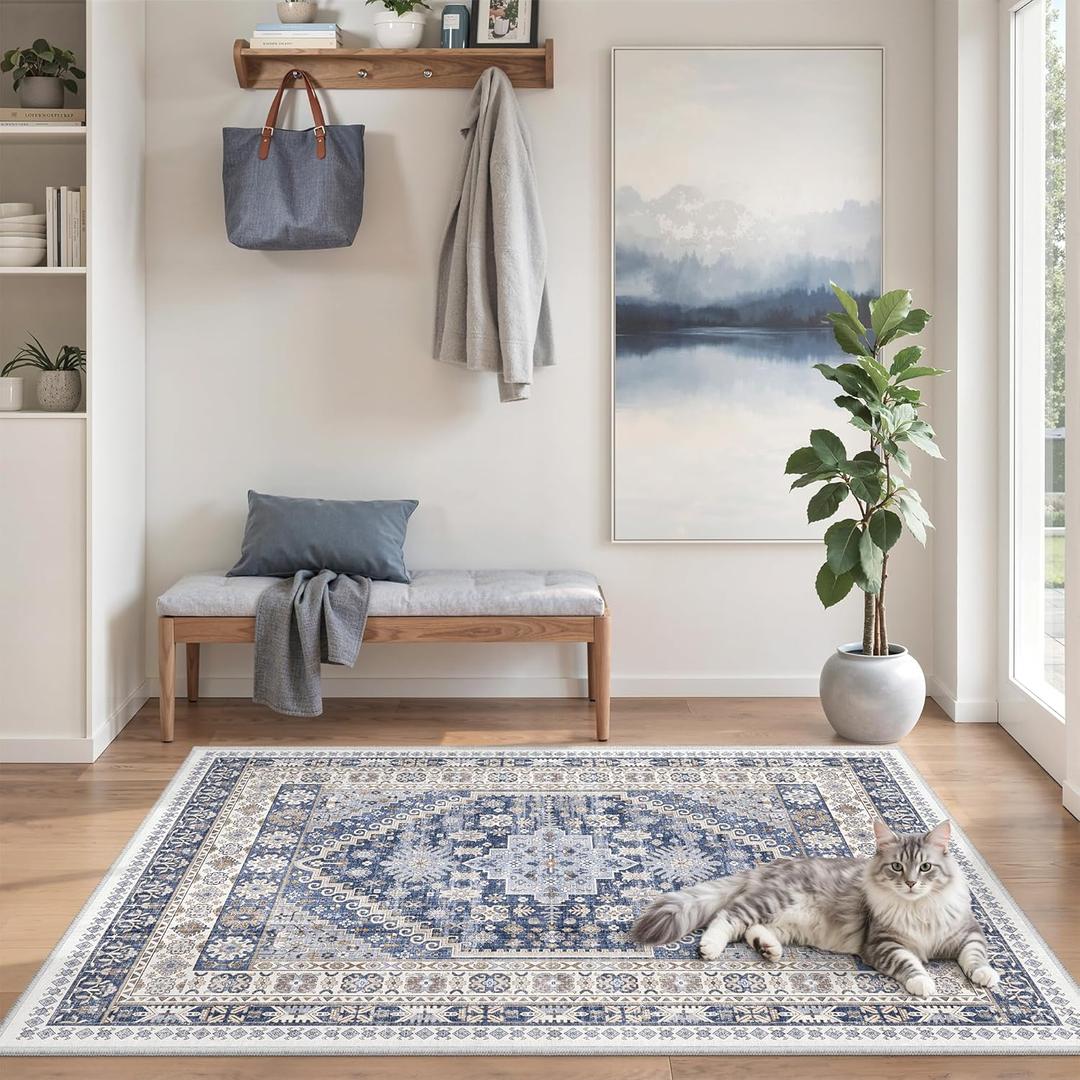 zesthome 3x5 Rug Ultra Soft Washable Rug, Non Slip Area Rug Indoor Entrance, Stain Resistant Rugs for Living Room Bedroom, Vintage Home Decor Area Rugs (Blue/Beige,3'x5')