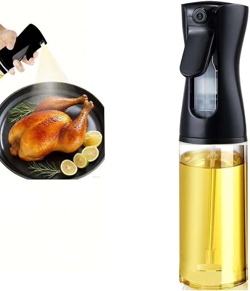 Olive Oil Sprayer for Cooking, 220ml Glass Oil Dispenser for Kitchen Gadgets, Food Grade Premium Spray Bottle, Continuous Spray with Portion Control, for Salad, Frying, BBQ (Black Cap)