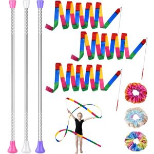 3 Pcs Twirling Batons 3 Pcs Ribbon Dancer Wands and 3 Pcs Rainbow Scrunchies for Kids, PLULON 21in Dance Batons For Baton Twirler, Kids' Gymnastics Twirling Baton for Artistic Dance