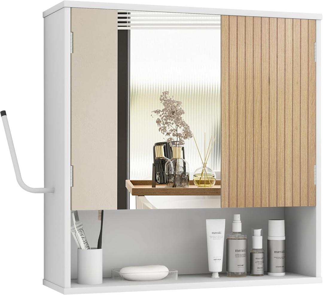 Bathroom Cabinet with Mirror & LED, Wall Mounted Bathroom Cabinet,Side Hook | Mirror Door | LED Light | Adjustable Shelves | Side Hook | Open Bottom Shelf | White & Wood Grain | Over Toilet Mount, 6.6"D x 21.2"W x 21.6"H