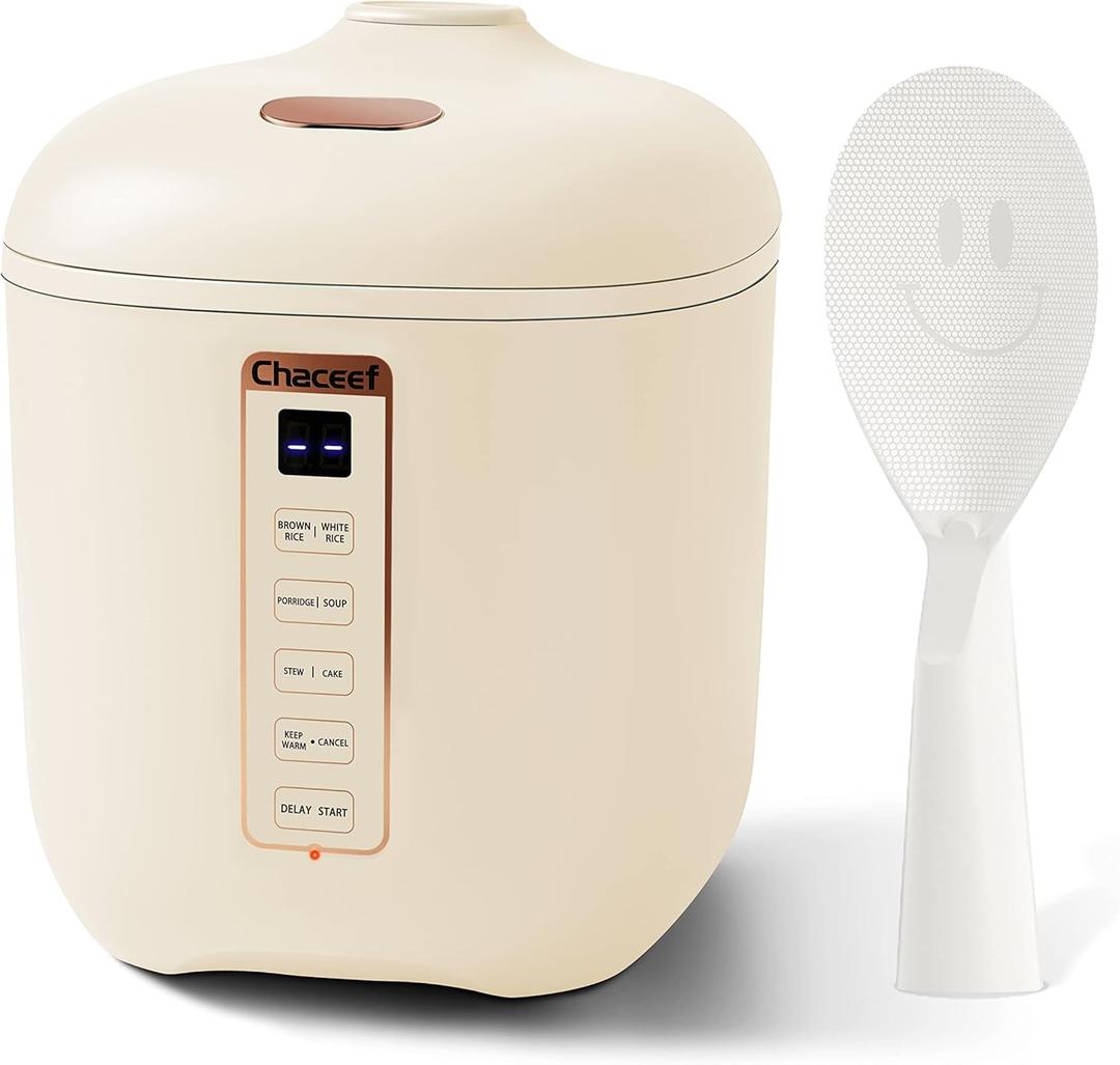 CHACEEF Mini Rice Cooker 2 Cups Uncooked, 1.2L Rice Cooker Small, Portable Non-Stick Small Travel Rice Maker, BPA Free, Smart Control Multifunction Cooker with 24 Hours Timer Delay & Keep Warm Function, Beige
