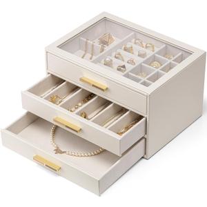 Vlando Jewelry Box for Women Girls,Jewelry Organzier,3 Drawers,Glass Lid Jewelry Organizer Storage for Gem Diamond Necklaces Rings Earrings Bracelets White