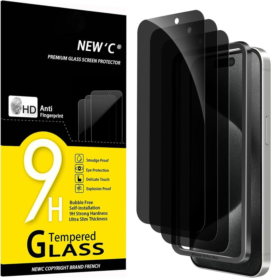 NEW'C 3 Pack Privacy for iPhone 15 Pro Max Screen Protector (6.7 inches), Anti-Spy Tempered Glass Film,Case Friendly Ultra Resistant, Balanced 28-Degree Privacy Angle-Easy installation tool included