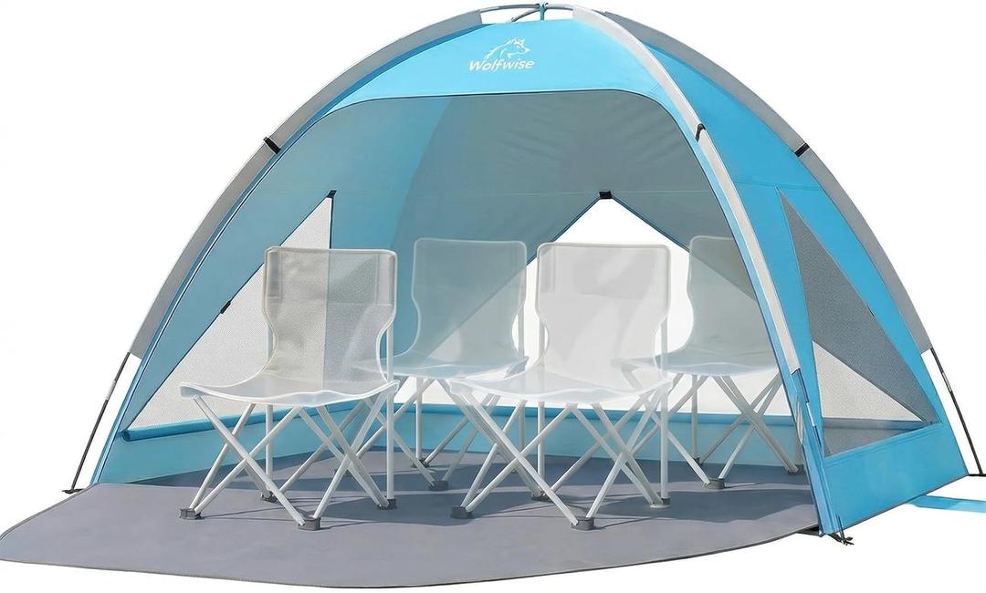 Wolfwise Large Beach Tent Sun Shelter for 3-4 Person, UPF 50+ UV Protection Beach Shade Tent, Portable and Easy Setup Cool Cabana with Privacy & Ventilation Window, 95 ″x65″x55″, Blue