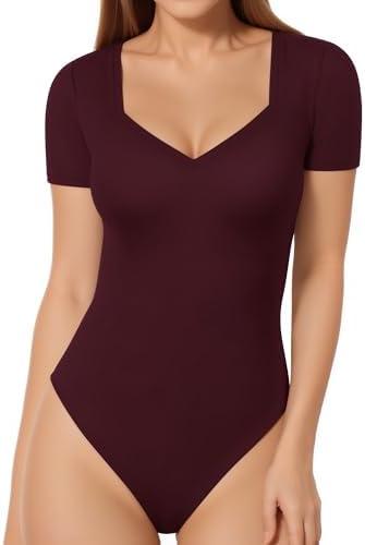 MANGOPOP Sweetheart V Neck Bodysuits for Women Long Short Sleeve Body Suits Tops Shirt, L