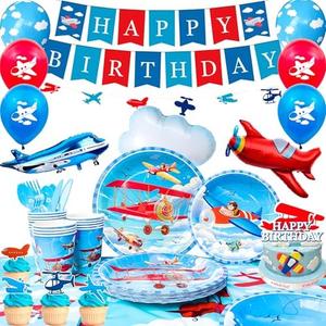 Airplane Birthday Party Decorations for 16 Guests, Airplane Party Decorations Airplane Party Tableware Airplane Plates Napkins Cups Table Cloth Balloons Backdrop etc Airplane Birthday Party Supplies