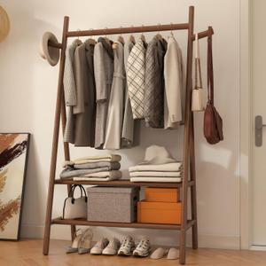 Solid Wood Clothes Rack with 2 Shelves & Hooks, Freestanding Garment Rack & Coat Rack Load 350 Lbs for Hanging Clothes & Organizer, Simple and Practical for Entryway Bedroom Living Room 39.5W WALNUT