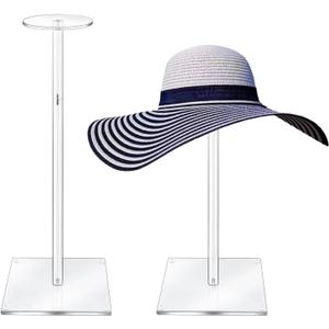 Acrylic Hat Stand and Wig Display Rack, 2pcs 17" Clear Hat Stands for Display, Adjustable Height Hat Holder, Square Barbell Base Display, Hat Rack Stand for Display Jewelry Watch Helmets