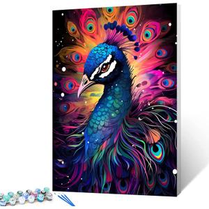 Tucocoo Beautiful Peafowl Paint by Number for Adults, Easy DIY Oil Painting Kits on Canvas with Brushes and Acrylic Pigment, Graffiti Animal Black Colorful Picture for Home Decor 16x20inch (Frameless) (Artwork-25)