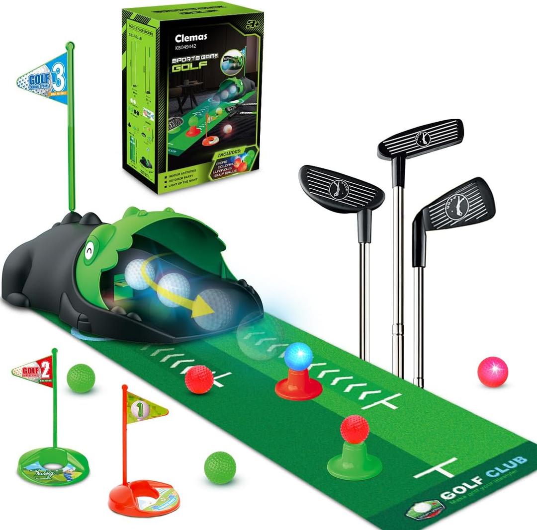 Clemas Upgraded Kids Toy Golf Set with Dinosaur Automatic Golf Returner, Led Light Up Night Golf Balls, 3 Clubs, Putting Mat, 3-8 Toddler Mini Golf Games, Indoor Outdoor Sports Toys for Boys Girls 3+, Small, Adjustable