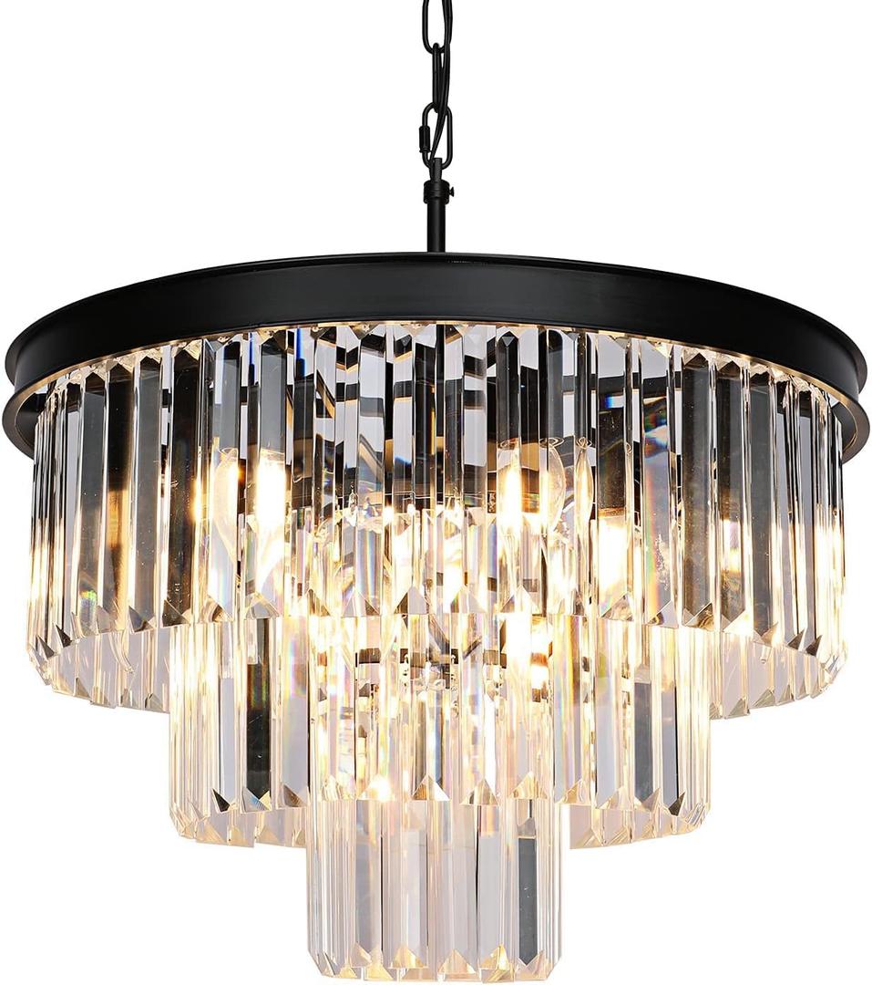 Crystal Chandeliers for Dining Room Lights Fixtures, 9 Lights Black Modern Chandeliers for Bedroom, 3-Tier Round Crystal Lighting Fixtures for Living Room Entryway Kitchen Island D20 Inch