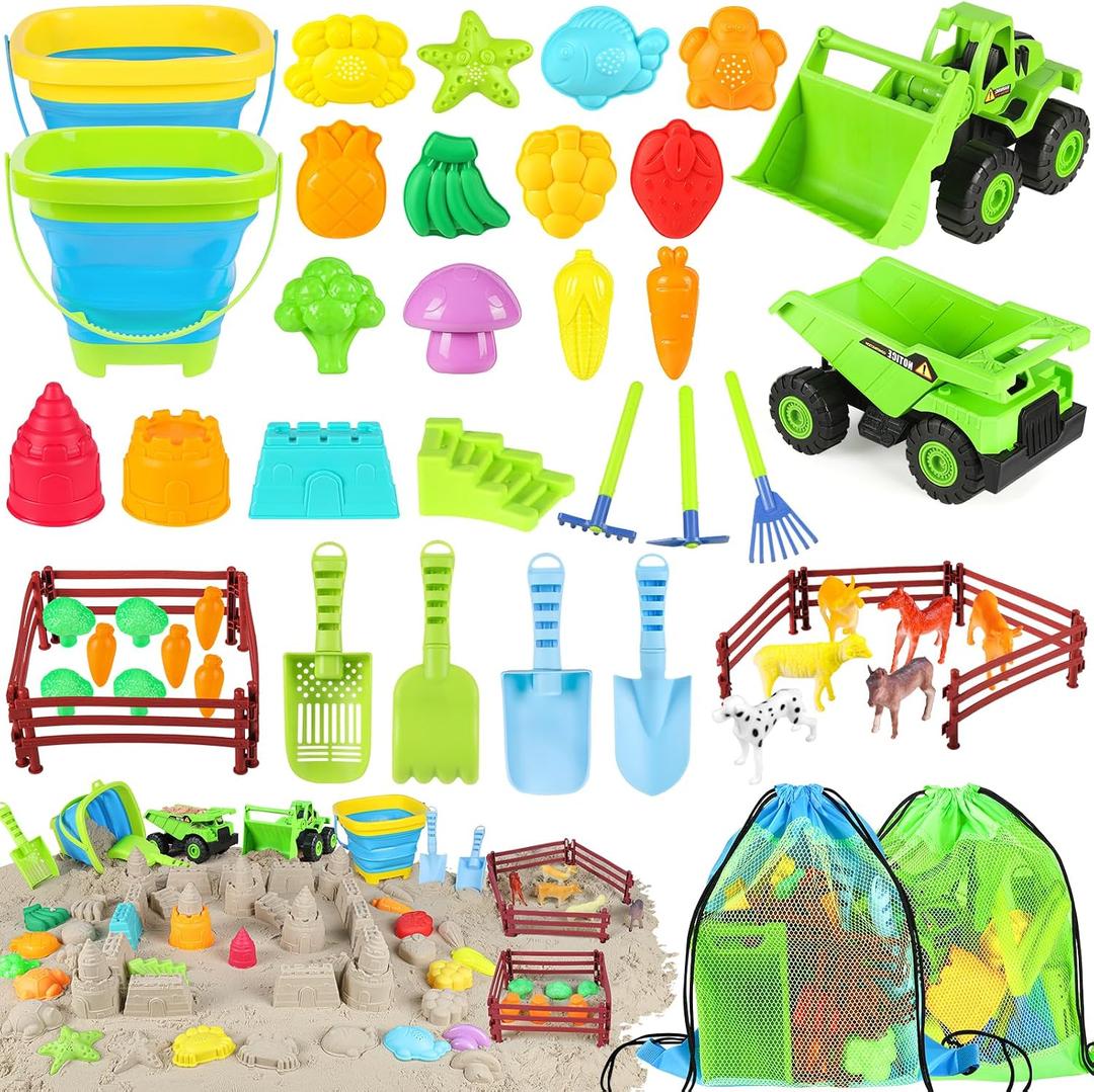 Beach Toys, Farm Theme Sand Toys for Kids Boys and Girls with 2 Truck, 2 Collapsible Bucket, Sand Castle Building Kit, Molds, Mesh Bag, Farm Animals, Tools, Indoor Outdoor Toys for Kids Ages 3-10