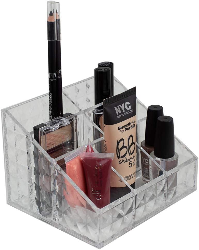 Home Basics Clear Plastic Vanity Makeup Organizer Compact 7-Compartment Square Holder for Brushes, Eyeshadow Palettes, & Beauty Supplies - Pyramid Patterned Exterior Design