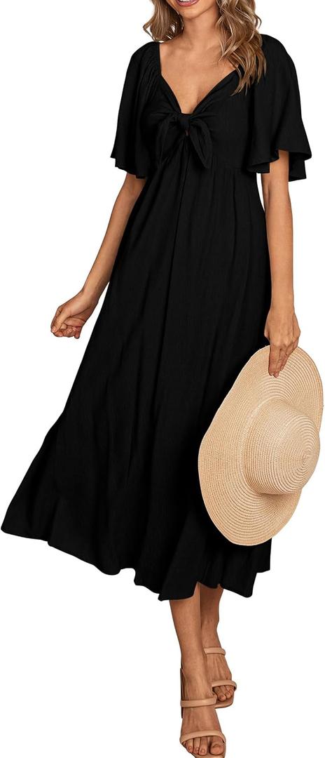 PRETTYGARDEN Summer Dress for Women 2026 Casual Short Sleeve Bow Tie V Neck Ruffle Midi Flowy Dresses (Black, M)