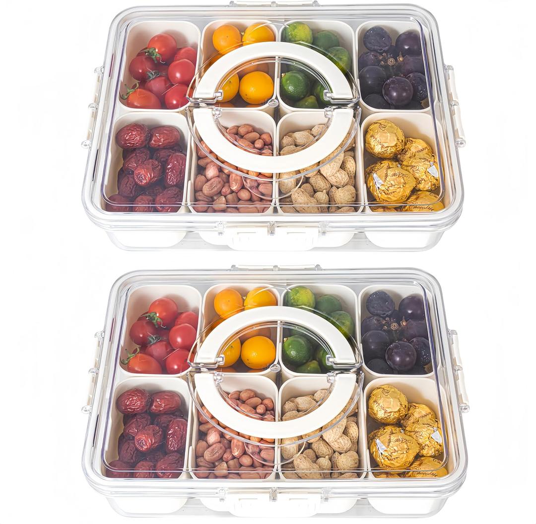 Dingerjar Divided Serving Tray with Lid and Handle - Divided Snack Tray for Portable Snack Platters - Clear Organizer for Candy, Fruits, Nuts, Snacks - Perfect for Party, Entertaining2 pcs (White-2 Packs)
