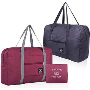 2 Pack Foldable Travel Bag Waterproof Travel Duffel Bag,Women Ladies Man Canvas Weekender Bag Overnight Carry-on Tote Duffel in Trolley Handle (Black&Rred)