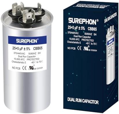 SUREPHON 25+5 uF 25/5 MFD ±5% 370V/440VAC Dual Run Start Capacitor CBB65B Works for AC Unit Fan Motor Start or Heat Pump or Condenser Straight Cool