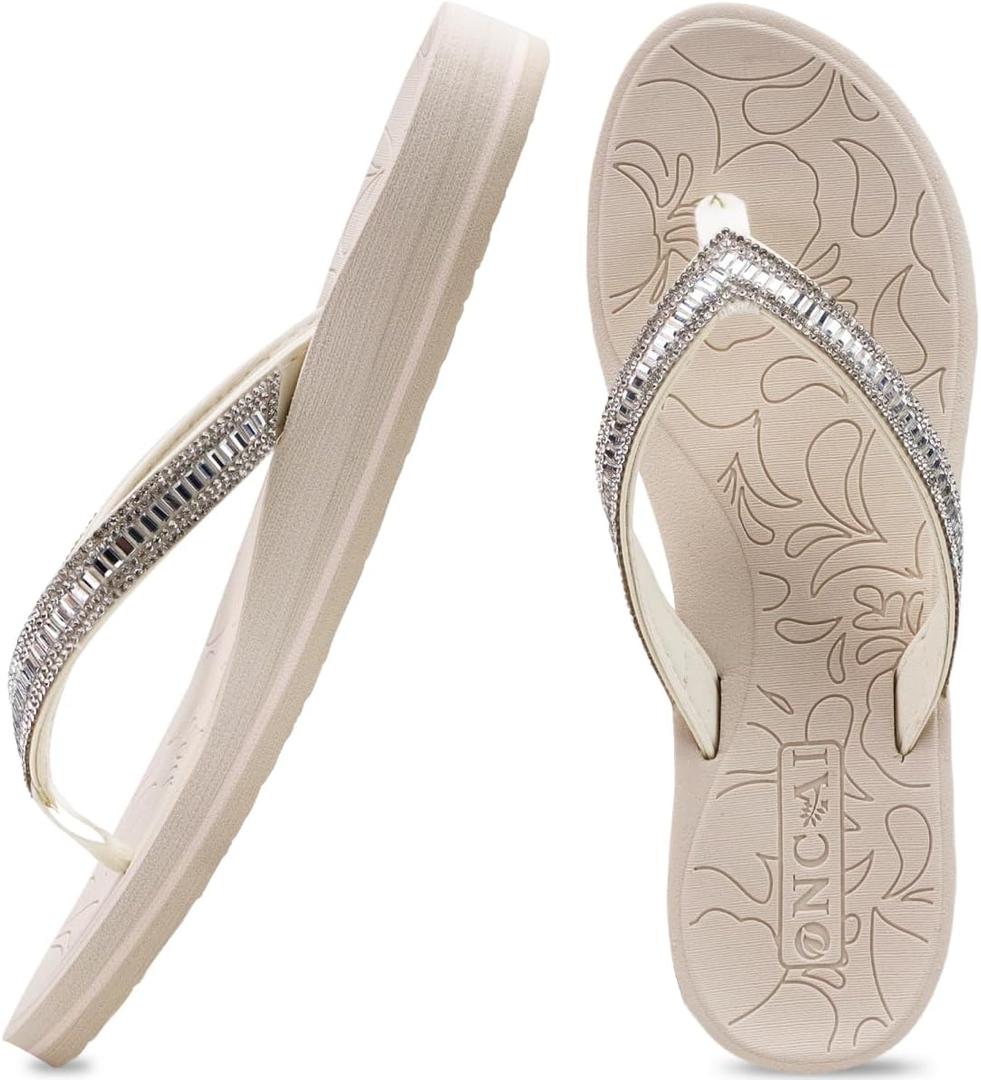 ONCAI Women's Flip Flops with Rhinestone, Arch Support Yoga Mat Comfort Walking Summer Beach Thong Sandals with Plantar Fasciitis Rubber Soles US Size 5-11