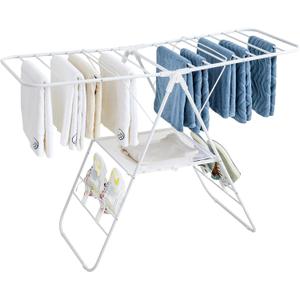Clothes Drying Rack, Foldable Laundry Drying Racks with Shoe Rack, Free-Standing Large Standing Airer, with Height-Adjustable Wings, Indoor Outdoor Use, White