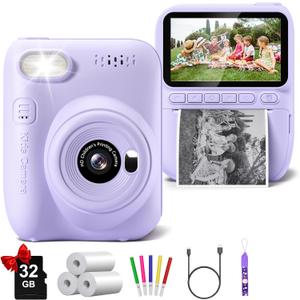 Kids Camera Instant Print, 3.0" HD 32MP Kids Camera Christmas Birthday Gifts for 3 4 5 6 7 8 9 10 11 12 Year Old Girls Boys, 32GB SD Card-Purple