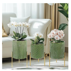 Honeycomb Plant Pots with Stands, Set of 3 - Indoor Flower Pots with Drain Holes & Rubber Stoppers, Includes Clear Plastic Nursery Pots - Stylish Modern Home Decor for Living Room, Office, and Balcony, Macaron Green