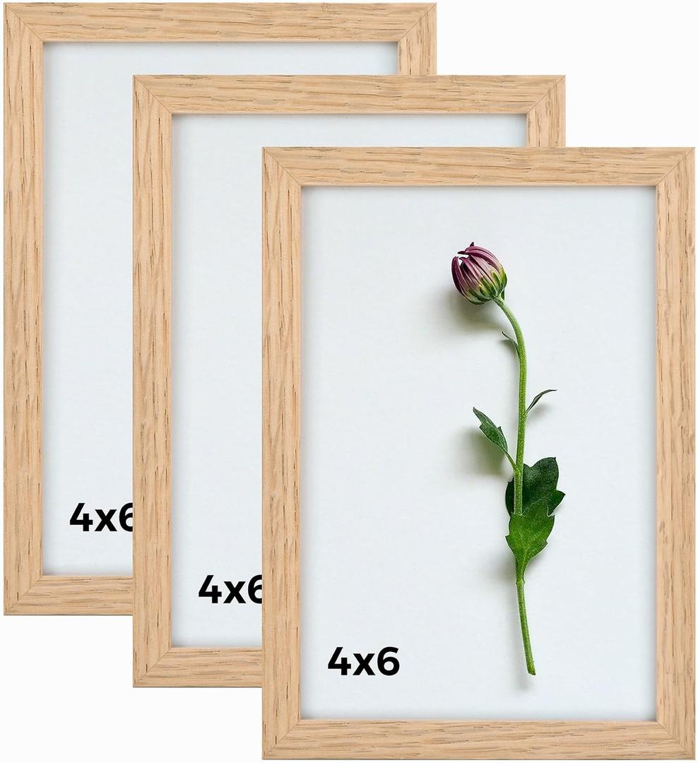 4x6 Picture Frame Set of 3 Oak Wood 4 x 6 Photo Frames with Plexiglass Cover Gallery Wall Frame for Hanging or Tabletop Display