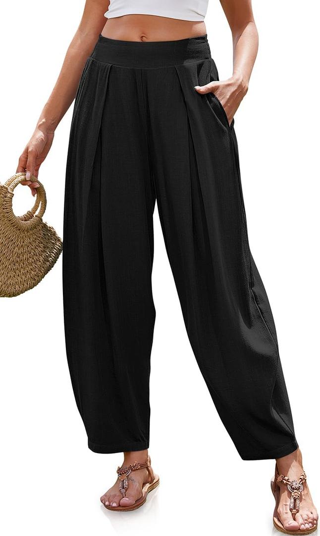 TARSE Womens Linen Harem Pants Loose Fit Boho Pants with Wide Waistband Casual Lounge Trousers for Summer Beach Vacation (Black, XL)