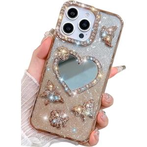 Trendy Girly Heart Mirror Compatible with iPhone 16 Pro Case, Elegent Cute Slim Women Bling Glitter Diamond Rhinestones Plating Butterfly Phone Cases(Gold,16 Pro)