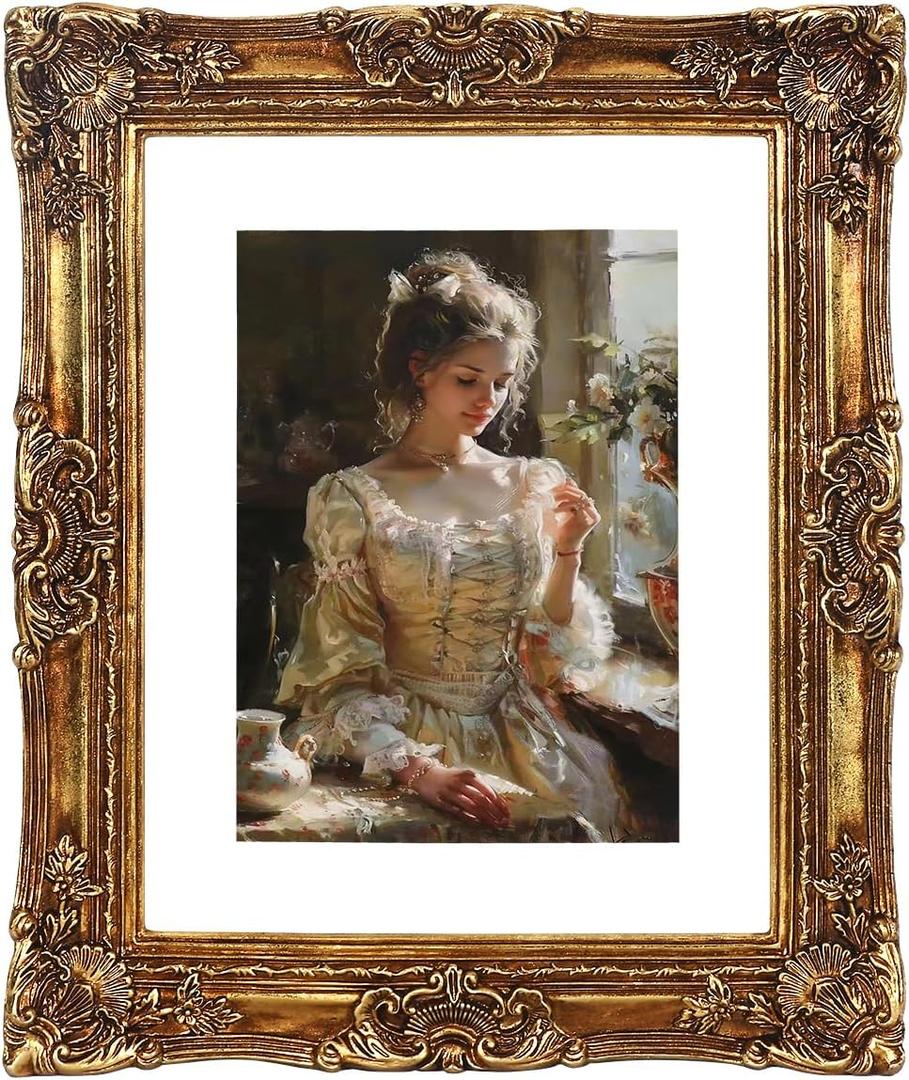 Vintage picture frames 8x10 gold Antique Photo frame with Mat 6x8 Ornate picture frames with Acrylic Glass Baroque Tabletop Wall Hanging Home Decor poster frames