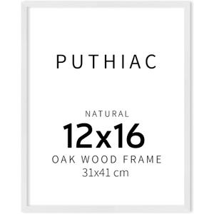 Puthiac 12x16 Solid Oak Wood Picture Frame, Fits 8x12 with Mat or 12x16 Without Mat, Wall Display Only, Vertical or Horizontal, Plexi Front, 1 Pack, White