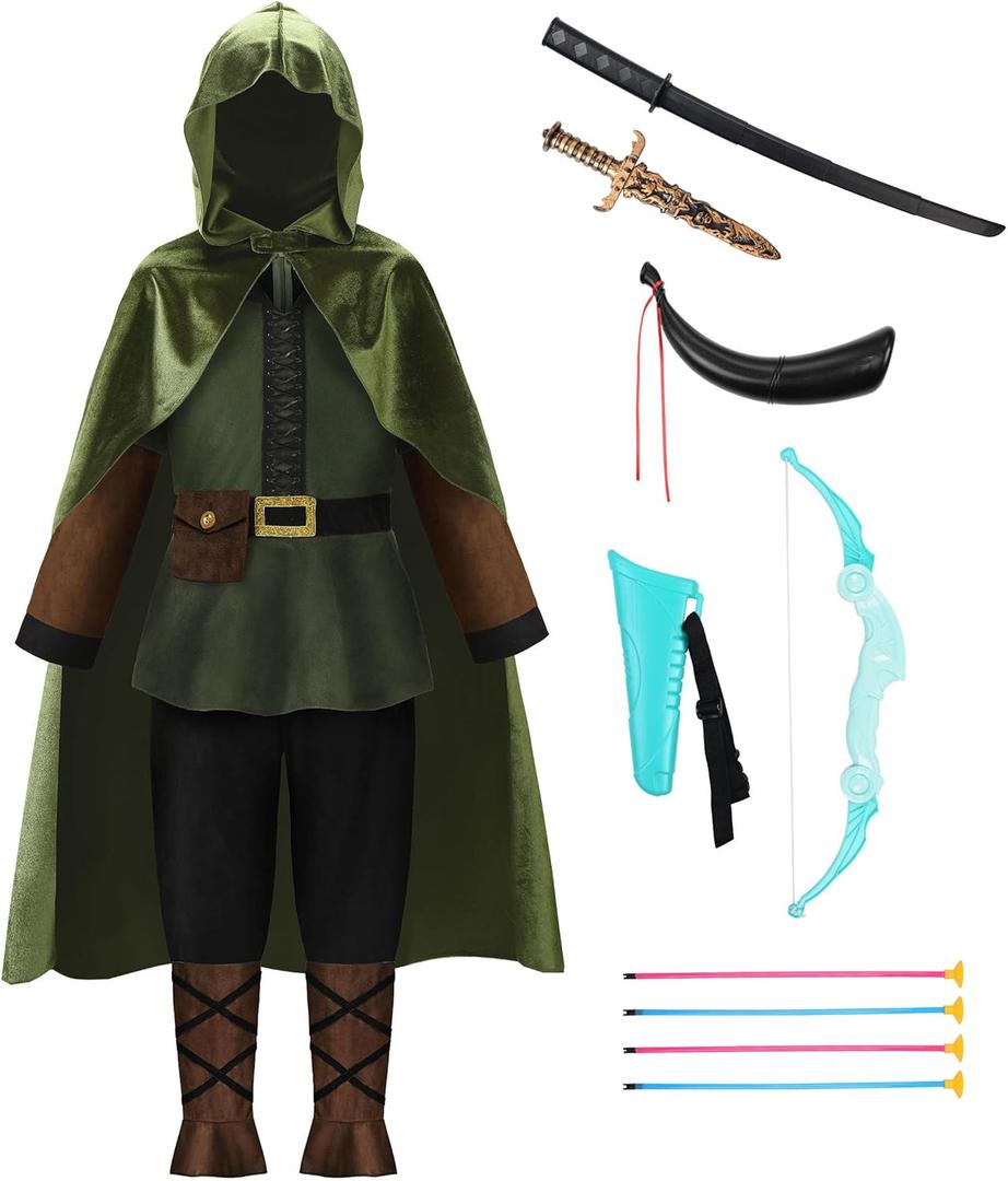 ReliBeauty Kids Archer Costume Boys Girls Hunter Costume with Cape, Green (8-10/150)