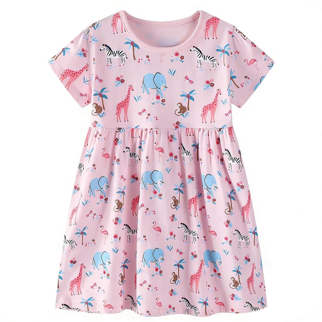 AMIYAN Toddler Girls Dress Cotton Summer Dresses Casual Print Short Sleeve Sundress Pink Animals 2T
