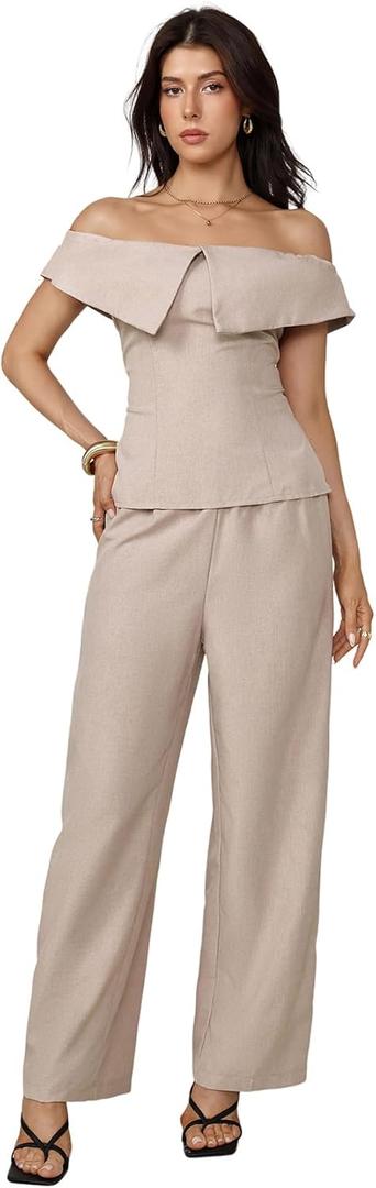 SOLY HUX Women's 2 Piece Cocktail Party Outfit Elegant Off The Shoulder Top and Wide Leg Pants Set (Large, Plain Khaki)