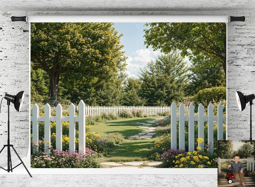 Kate Spring Garden Path Backdrop White Fence Background Green Tree Flower Photo Background Studio Props,10x8ft 