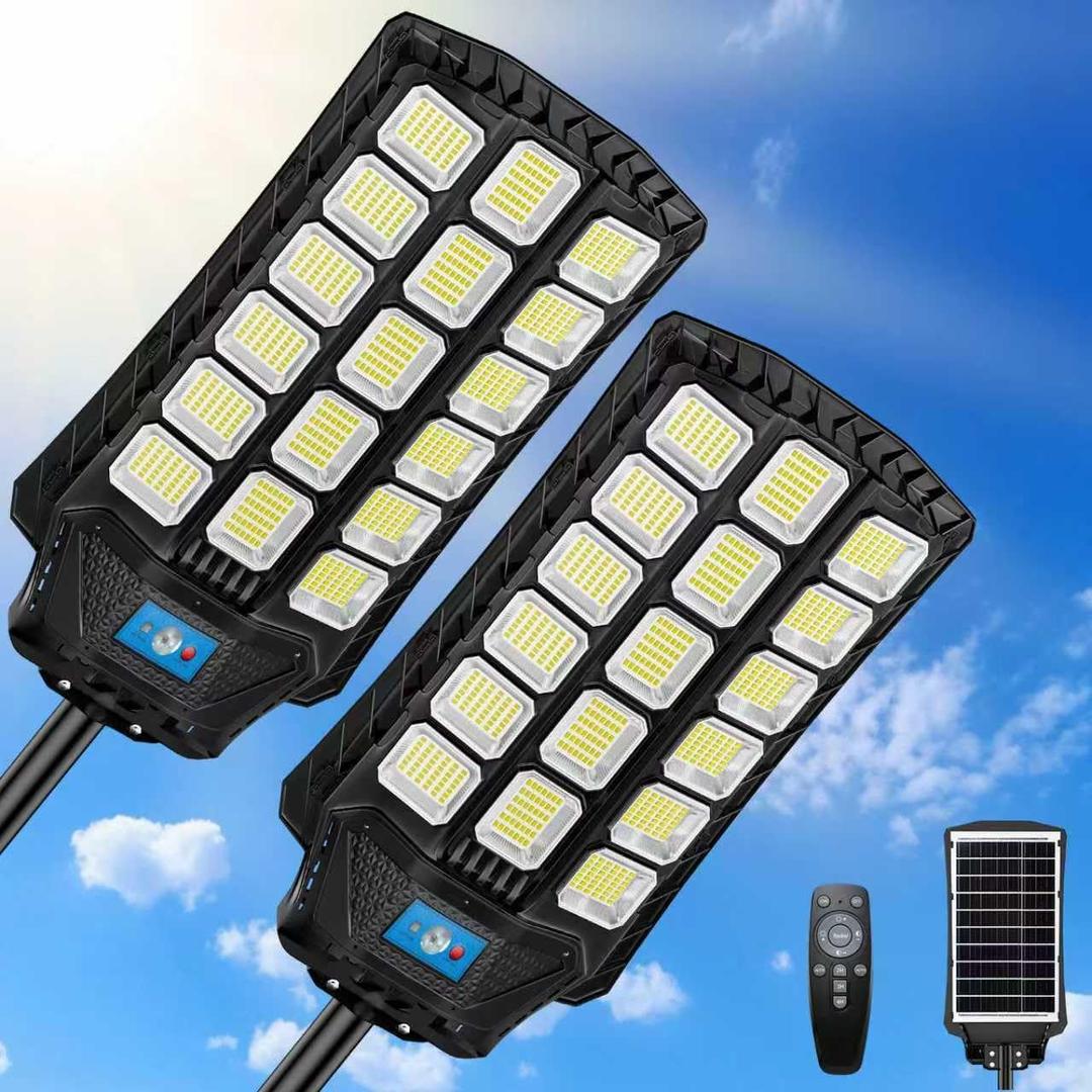 14000W Solar Street Lights Outdoor Waterproof, 2 Pack Large Solar Powered LED Flood Light Outside, Heavy Duty Parking Lot Light Dusk to Dawn, Motion Sensor, Pole or Wall Mount, Remote Control