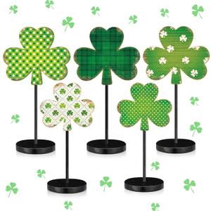 5 Pcs St Patricks Day Decorations Shamrock Wooden Sign Stand Irish Wood Centerpiece Table Decorations Freestanding Clover Signs St. Patrick's Day Decor for Gift Desk Party(Cute Shamrock)