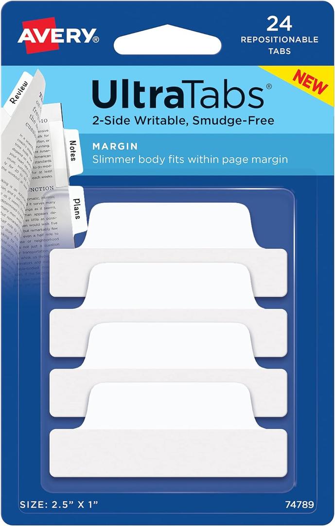 Avery Margin Ultra Tabs, 2.5" x 1", 2-Side Writable, White, 24 Repositionable Page Tabs (74789)