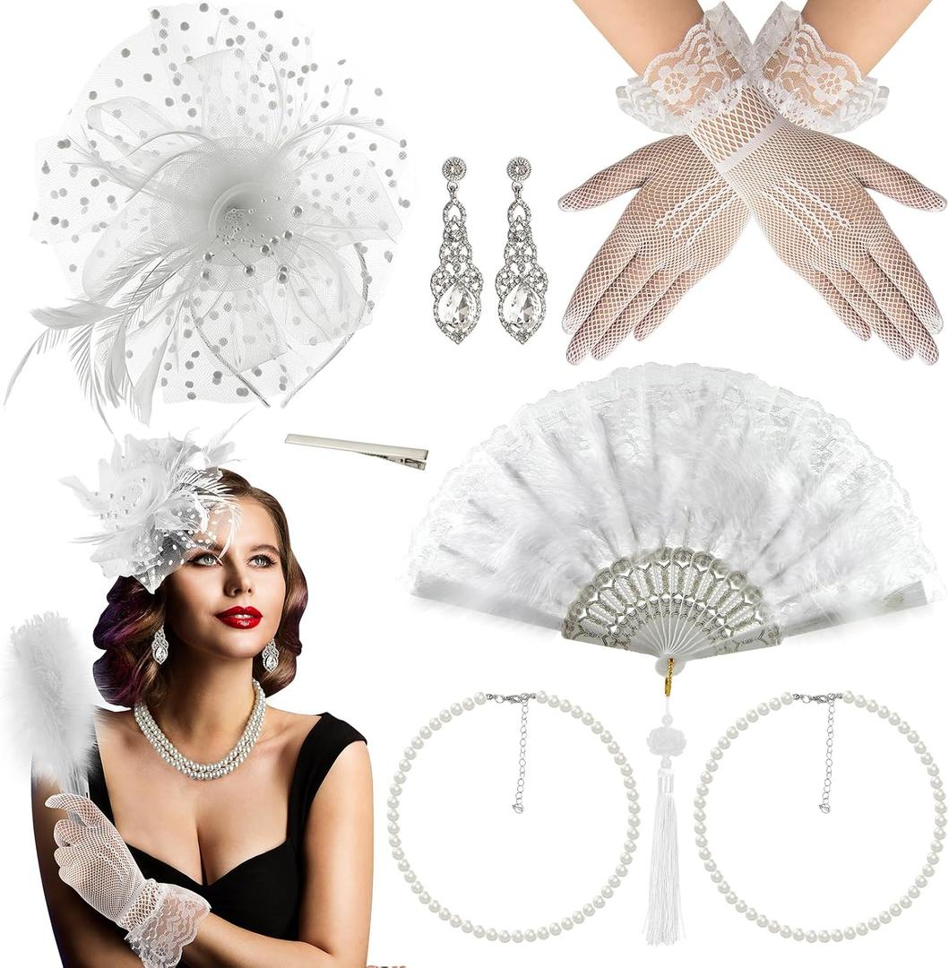 Mototo 6 Set Fascinator Hats for Women Tea Party Gloves Set Include Mesh Hats Lace Gloves Pearl Necklace Earring for Women (White, S)