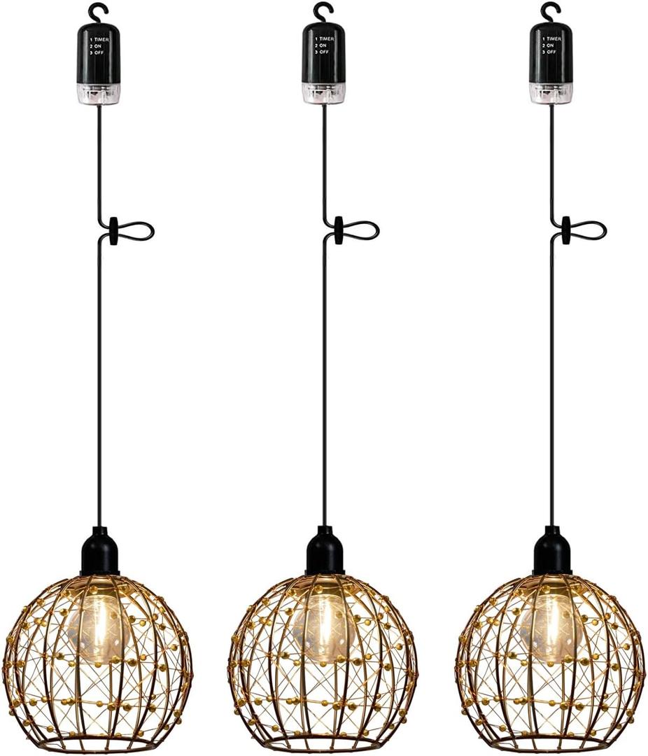 3X Battery Operated Pendant Lights Kitchen Island Outdoor Chandelier for Gazebo Hanging Lamp with Remote Timer LED Bulbs Metal Globe Ball Shade Ceiling Drop Lantern for Bedroom Corner Porch
