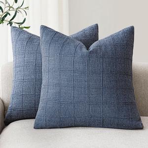 Foindtower Set of 2 Decorative Linen Check Throw Pillow Covers Neutral Farmhouse Vintage Cushion Covers Modern Coastal Boho Home Decor for Sofa Chair Couch Bedroom Living Room Outdoor,2020 Inch,Blue
