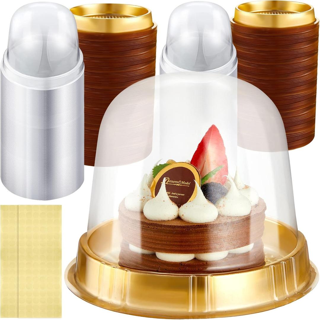 Mimorou Individual Cupcake Boxes Clear Plastic Cupcake Containers Disposable Single Holder with Lid Tall Cake Carrier 5.3 Inch Diameter 4.3 Inch Height with Stickers for Wedding(Gold,200 Pcs)