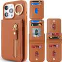 2 x for iPhone 15 pro Case with Card Holder for Women, for iPhone 15 pro Phone Case Wallet with Strap Credit Card with Kickstand Zipper Case - Brown