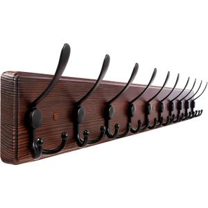 Kuhome 38.6'' Large Coat Rack Wall Mount Coat Hooks Coat Hanger with 10 Metal Black Triple- Hooks Brown Pine Real Wood Plank Hat Rack for Wall Hooks for Hanging Coat Hat Jacket