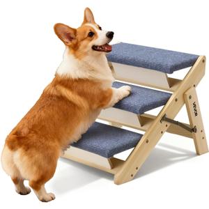 VEVOR Wood Pet Stairs, 3-Step Dog Stairs for Beds, Sofa & Cars, 150lbs Load Capacity, Floded Flat Design, Stable & Sturdy Cat & Dog Step Ladder for Small Medium Large Older Pet Puppy Essentials