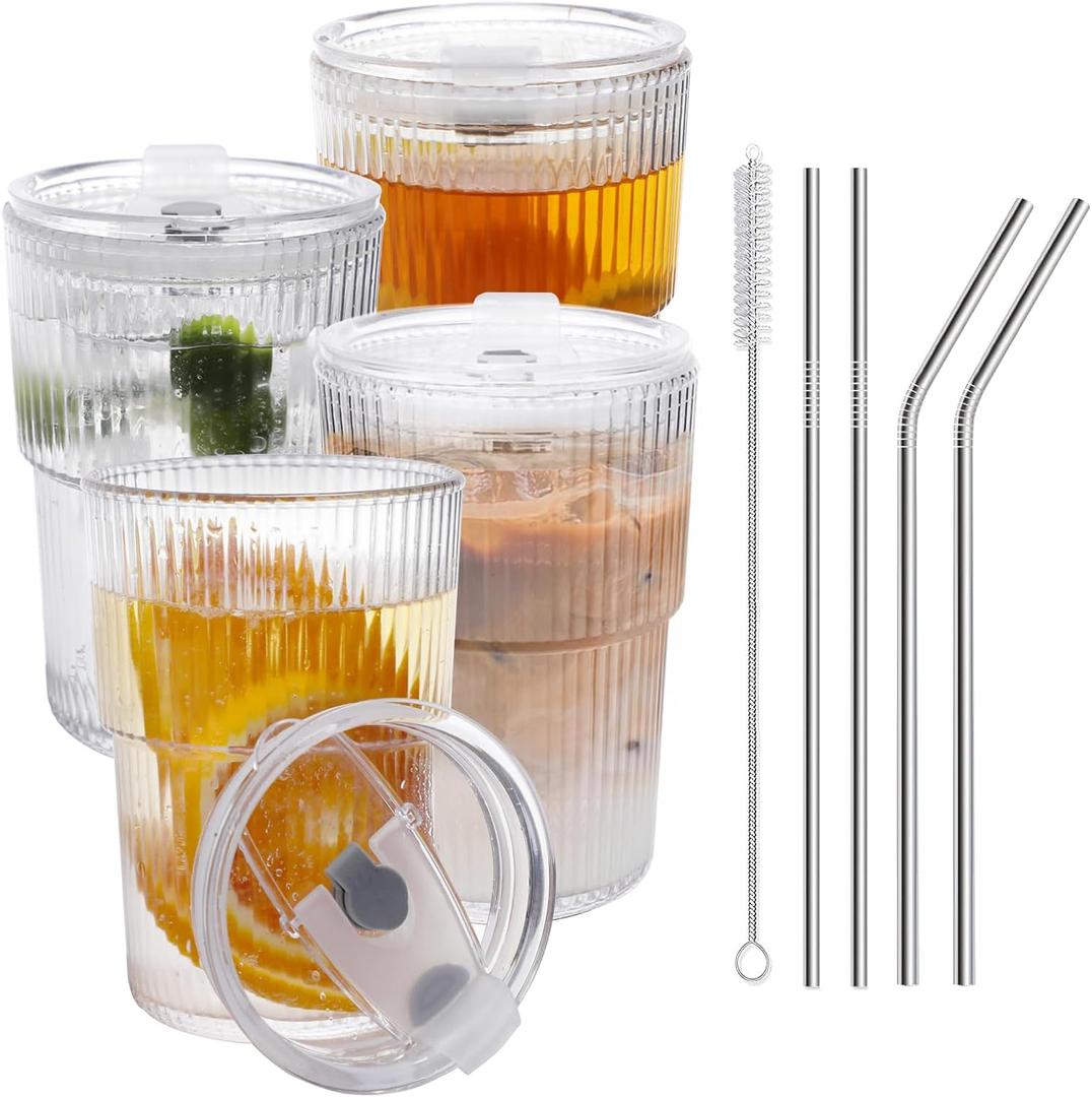 RLWY 16 OZ Iced Coffee Cups with Lids and Straws Set of 4, Unbreakable Plastic Drinking Glasses Reusable Iced Coffee Glass to Go Cup for Iced Tea,Juice, Water,BPA Free, Dishwasher Safe
