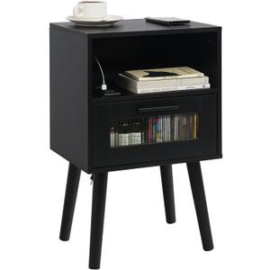 Labcosi Nightstand With Charging Station, Bedside Table w 2 AC outlets and 2 USB Ports, Night Stand With Open Shelf, 23.63" Nightstand w Drawer, Mid Century Modern Night Table for Bedroom(Black Color)