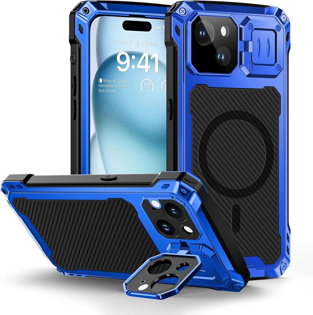Lanhiem for iPhone 15 Metal Case, [Built-in Camera Kickstand & Glass Screen Protector] Heavy Duty Protective Rugged Full Body Military Grade Shockproof Aluminum Magnetic Cover for iPhone 15 (Blue)